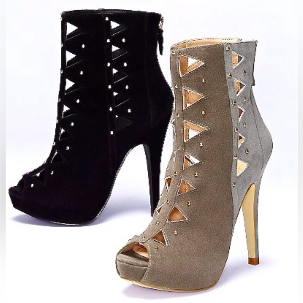 TAN & GREY OPEN TOE BOOTIES —  SEXY SEE-THROUGH CUTOUTS — NEW — Size 6.5